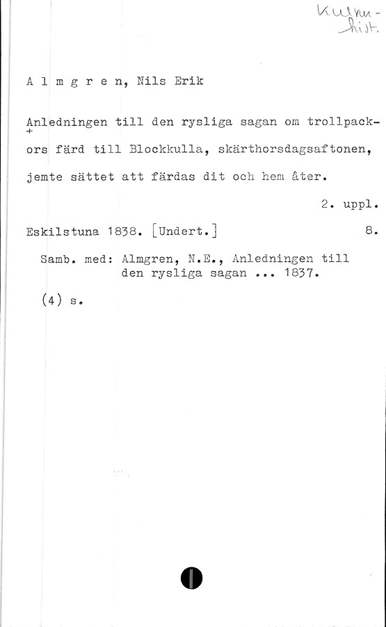  ﻿JvUV.
Almgren, Nils Erik
Anledningen till den rysliga sagan om trollpack-
+
ors färd till Blockkulla, skärthorsdagsaftonen,
jemte sättet att färdas dit och hem åter.
2. uppl.
Eskilstuna 1838. [Undert.]	8.
Samb. med: Almgren, N.E., Anledningen till
den rysliga sagan ... 1837.
(4) s.